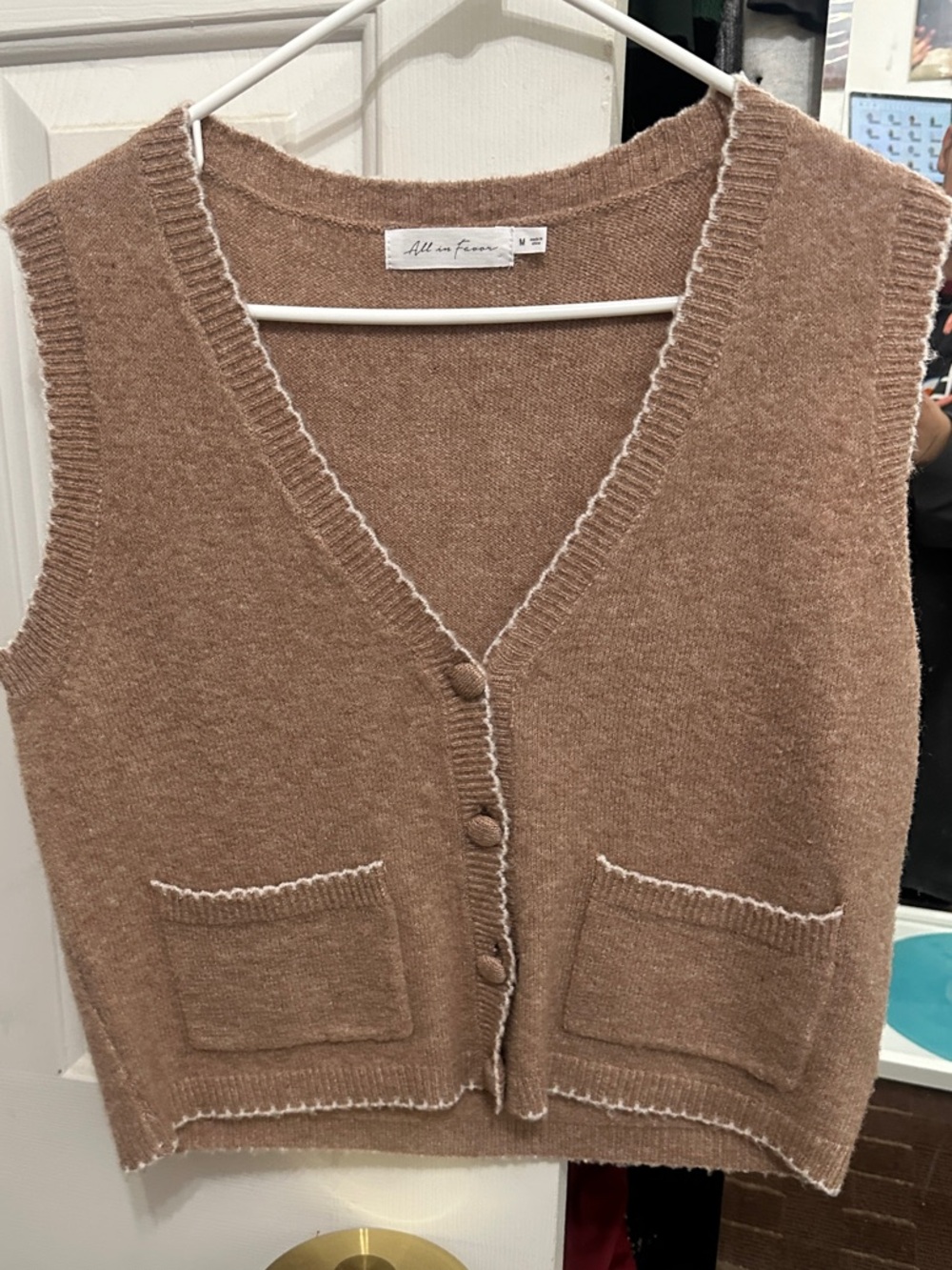 All in Favor Tan-Brown V-Neck Knit Button Vest with Contrast Trim